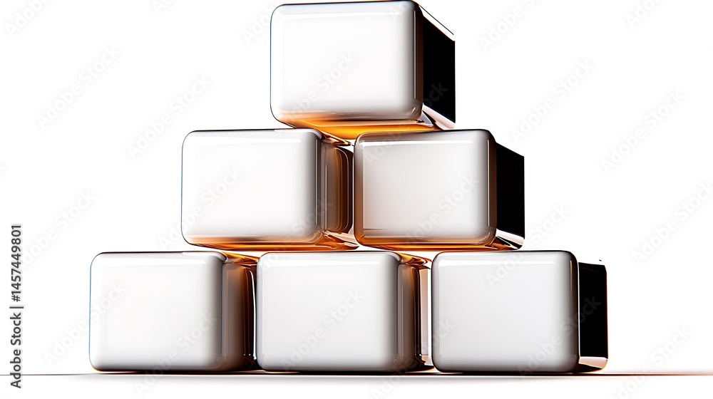 Poster stacked metallic cubes creating a pyramid shape, reflecting light in a minimalistic setting