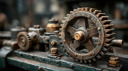 Old mechanical machine system with rotating cogs and gears, symbolizing the historical development of industrial technology