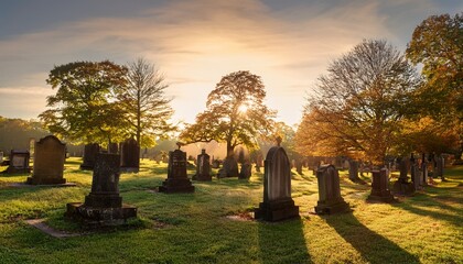 Naklejka premium sunlight illuminates a peaceful cemetery with old gravestones and trees