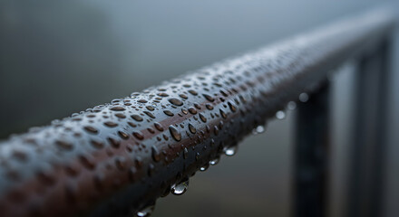Water Droplets Clinging To A Dark Metal Rail On A Foggy Day