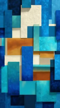 Abstract geometric animation of overlapping rectangular forms in shades of cyan, blue, orange and white with dimensional stacking.