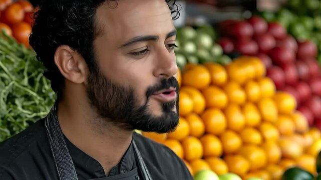 A cheerful chef selecting fresh produce at a bustling farmer s market