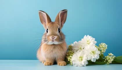 Obraz premium adorable bunny rabbit sitting beside a bouquet of delicate white flowers against a light blue background