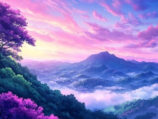 pastel hills under pink sky romantic anime wallpaper