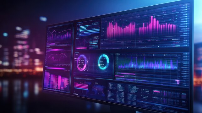 Business data analysis charts and graphs on computer screen