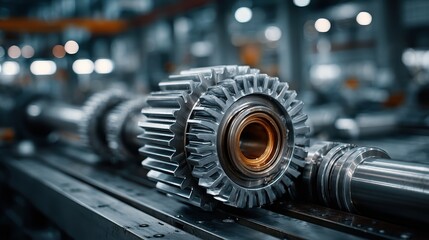 Fototapeta premium Close-up of a powerful industrial machine with visible gears and rotating parts, showcasing the mechanical power behind large-scale production