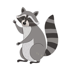 Cartoon Raccoon Waving Hand Friendly Animal Illustration on White Background for Children's Designs and Educational Use