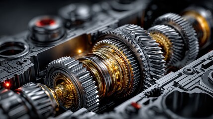 Fototapeta premium Car gearbox system with intricate mechanical components and rotating gears, demonstrating the precision engineering behind the transmission process