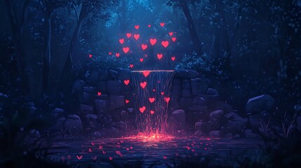 magical fountain with flying hearts anime romantic wallpaper