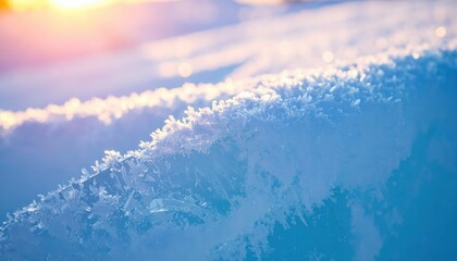 Intricate ice crystals bloom across a frosted windowpane, creating a mesmerizing winter wonderland pattern against a softly blurred blue sky.