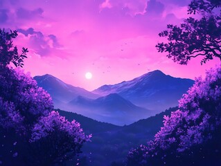 pastel hills under pink sky romantic anime wallpaper