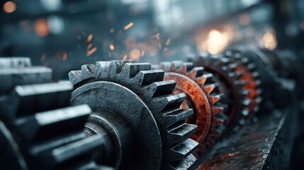 Dynamic industrial machinery scene with powerful gears, motors, and exposed components working together to create motion and energy