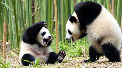 Obraz premium A pair of pandas playfully interacting in a bamboo forest, highlighting the charm of these beloved animals