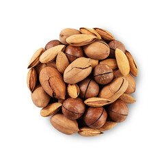 Unpeeled macadamia nuts, almonds and pecans isolated on white background