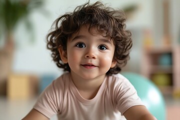 child playing on yoga ball in pastel gym playroom