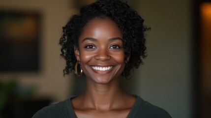 cheerful African American woman smiling in office portrait