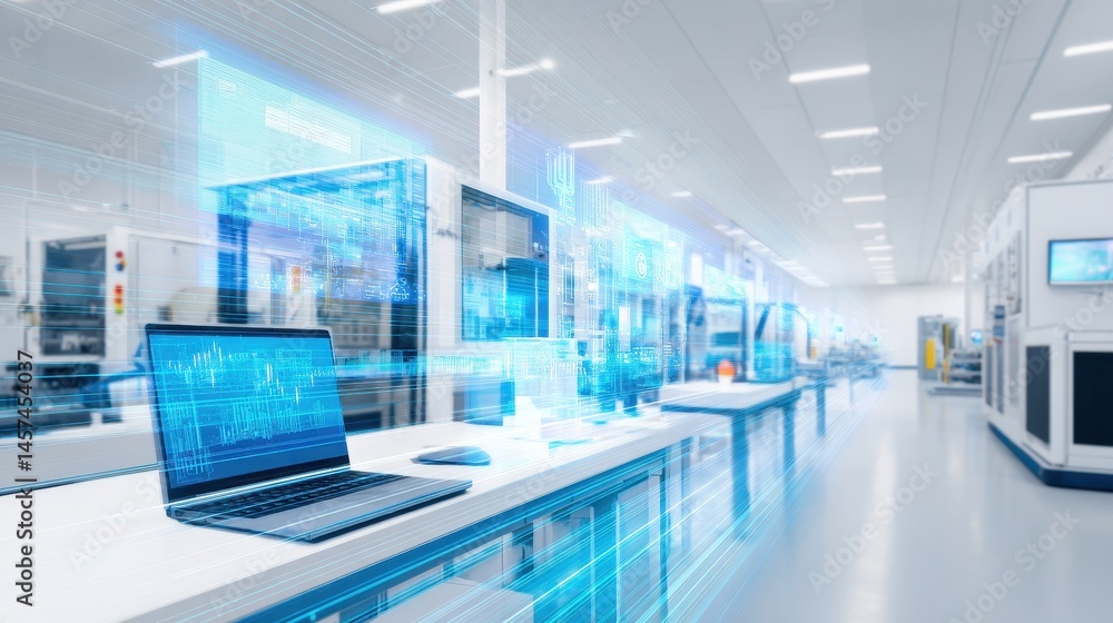 Poster modern laboratory workspace featuring advanced technology and data visualization in the background