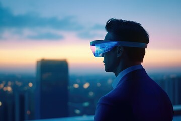 A businessman wearing futuristic smart glasses, overlooking a city at sunset, visualizing data.