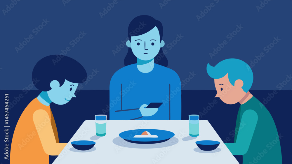 Poster disconnect from family a person sitting at the table during dinner staring at their phone with an em