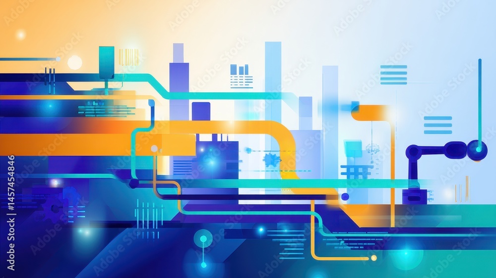 Poster abstract representation of a futuristic cityscape with digital connections and technology elements