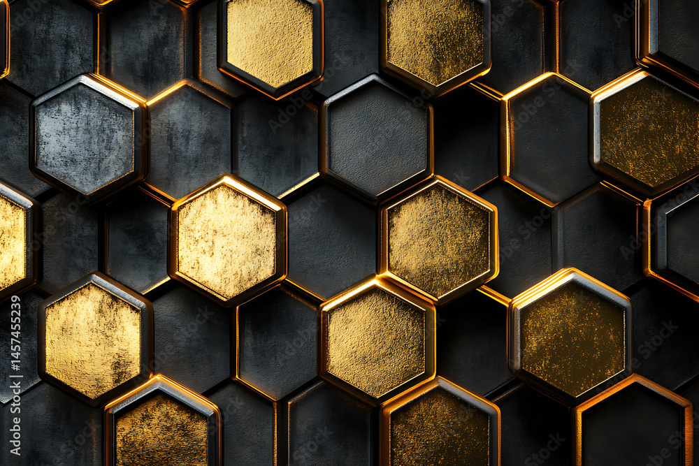 Poster a close up of black and gold textured hexagonal tiles arranged in a geometric pattern design