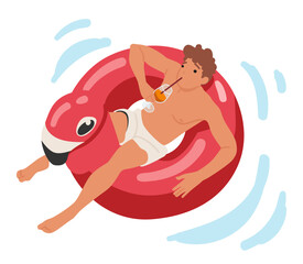 Relaxed man tourist drinking cocktail while floating on inflatable flamingo shaped rubber ring