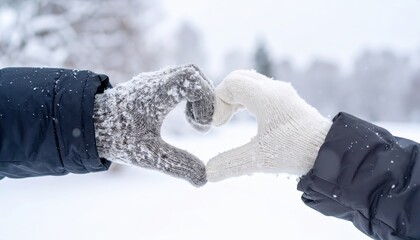 Snow-covered hands form a heart shape against a winter landscape, evoking warmth and connection amidst a snowy scene.