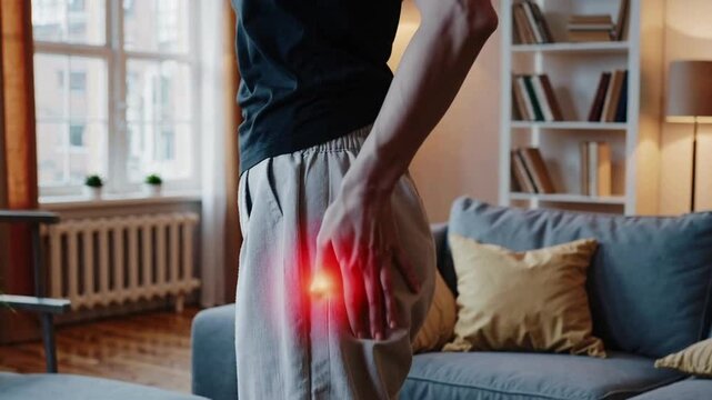 Man Touching Hip in Pain at Home &ndash; Concept of Joint or Muscle Discomfort with Red Highlight