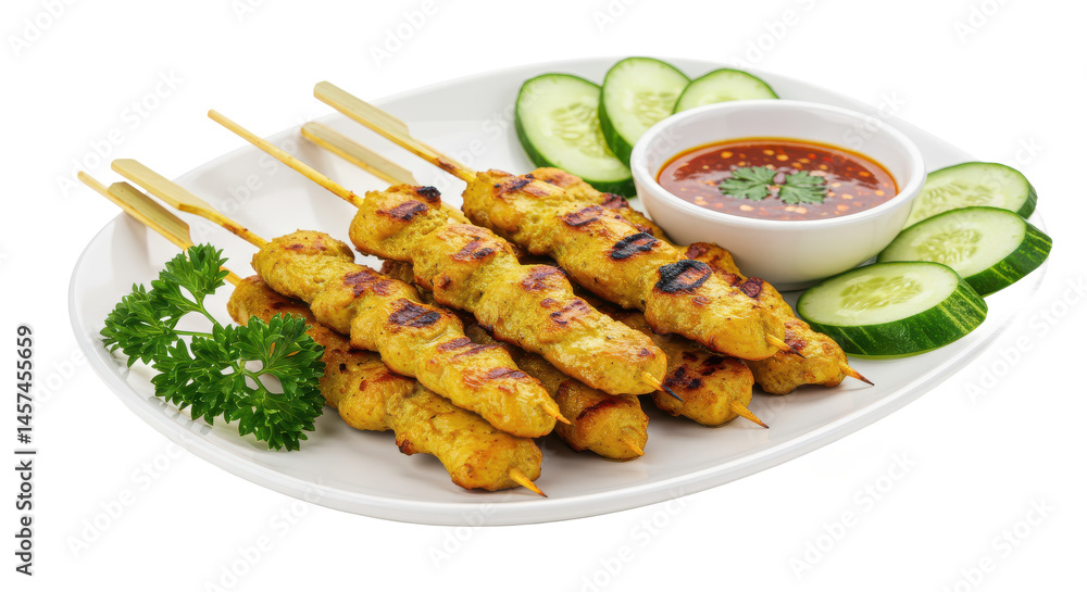 Poster a plate of chicken satay skewers with cucumber slices and dipping sauce on a white background surfac