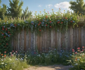 Overgrown wooden fence, climbing vines, wildflowers, rustic charm, frame, overgrown