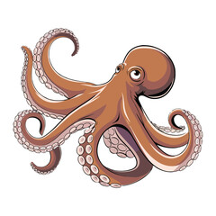 Detailed Octopus Illustration with Curled Tentacles and Big Eyes Underwater Creature Marine Animal Aquatic Life