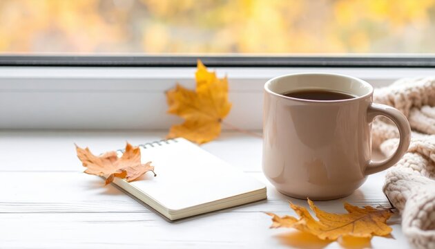A cozy autumn scene features a warm beverage in a cream mug alongside a notebook and a knitted throw, accented by fallen leaves on a bright windowsill.