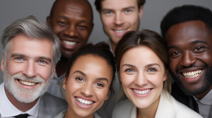 Nahaufnahme einer Gruppe verschiedener gl&uuml;cklicher Menschen, die sich f&uuml;r ein Gruppenportr&auml;t zusammendr&auml;ngen.