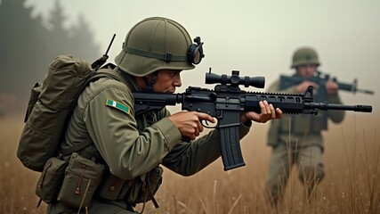 Fototapeta premium A young soldier capturing a German officer during a raid. U.S. troops. U.S. soldiers sale banner design free space in the center 