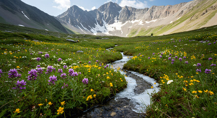Idyllic Mountain Valley Scene With Wildflowers And Flowing Stream