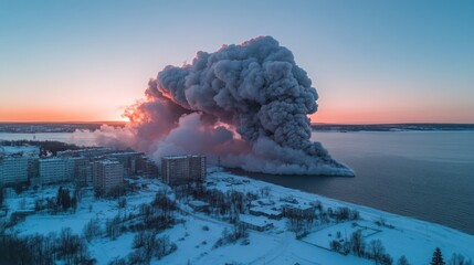 Fototapeta premium Massive smoke plume from coastal industrial fire at sunset