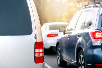 Cars stuck in row in jam on traffic lights,city street.queue on freeway,highway interstate...