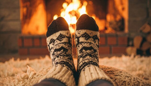 Cozy feet wearing patterned socks rest on a fluffy rug, illuminated by a warm fireplace glow, evoking a sense of peaceful winter comfort.