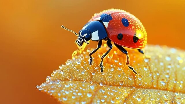 Vibrant ladybug on a dew covered leaf glittering in golden light