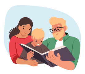 Fototapeta premium Happy mom dad parents with cheerful boy son preschool child reading book together cartoon scene