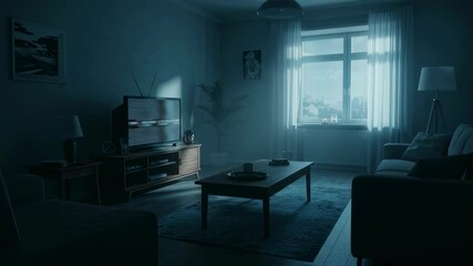 Living room with television displaying static and noise. Apartment interior in dark blue spooky atmosphere for ghost movie or paranormal investigation scene.