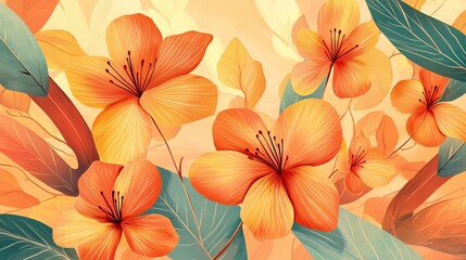 Orange Flowers Botanical Illustration Soft Hues Artistic Floral Design Elegant Nature Print Warm Tones Summer Blossom Tropical Plants Artistic Painting Detailed Petals Nature      