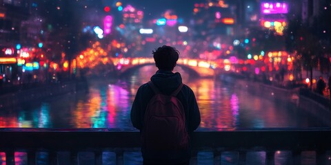 solo traveler on city bridge with night reflections