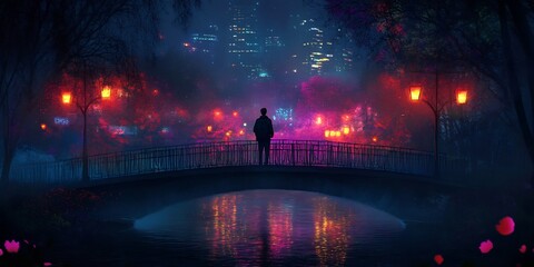 solo traveler on city bridge with night reflections