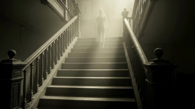 Ghostly woman figure stands on aged staircase in haunted house. Spooky apparition on stairs for horror movie scene. Unexplained paranormal activity concept.