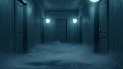 Spooky dark corridor with glowing lights and wooden doors. Long creepy hallway with mist going to nowhere. Horror concept for halloween holiday background. - Powered by Adobe