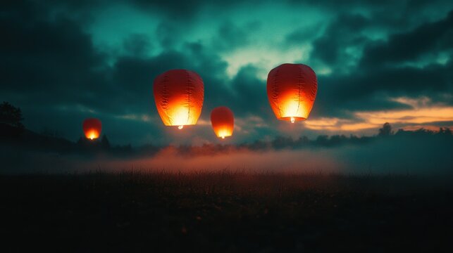 Red lanterns float in a misty, twilight sky - Powered by Adobe