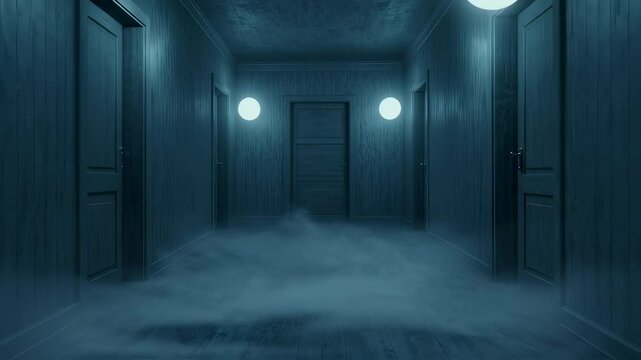 Spooky dark corridor with glowing lights and wooden doors. Long creepy hallway with mist going to nowhere. Horror concept for halloween holiday background.