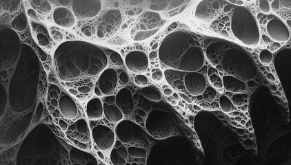estructura biológica porosa y compleja que recuerda al hueso o esponja, destacando patrones intrincados y texturas naturales.Complejidad natural, donde los vacíos interconectados y las texturas.