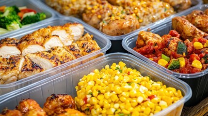 Prepared chicken meals with sides overhead view